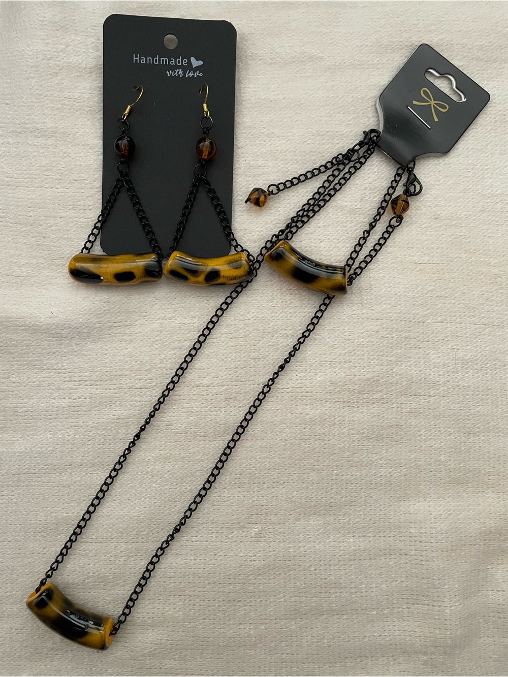Handmade Amber & Black Pendant Necklace, Bracelet and Earring Set
